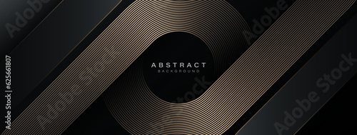 Abstract elegant black background with shiny gold geometric lines. Modern golden diagonal rounded lines pattern. Luxury style. Horizontal banner template. Suit for cover, poster, presentation, banner
