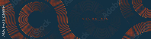Modern abstract dark blue banner background with orange circle lines. Geometric stripe line art design. Minimalist element. Suit for cover, header, poster, presentation, banner. Vector illustration