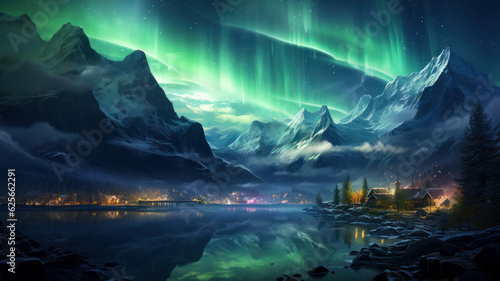 northern lights over the city in the mountains