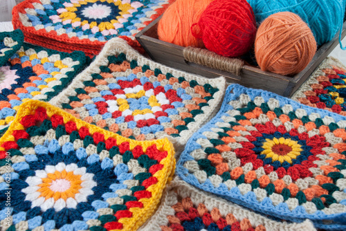 Colored crochet granny squares and knitting threads