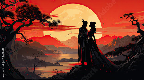 Silhouette of a samurai geisha couple in love at sunset. Vector illustration. Generative AI.