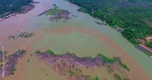 Aerial view amazing two colors in two rivers at three junctions in Khong Chiam Ubon Ratchathani Thailand..Mekong river the border between Thai and Lao..islands in the middle of Kong river background. photo