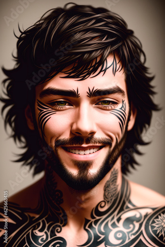 Portrait of a beautiful young man with tattoo on her body and face. Generative AI.