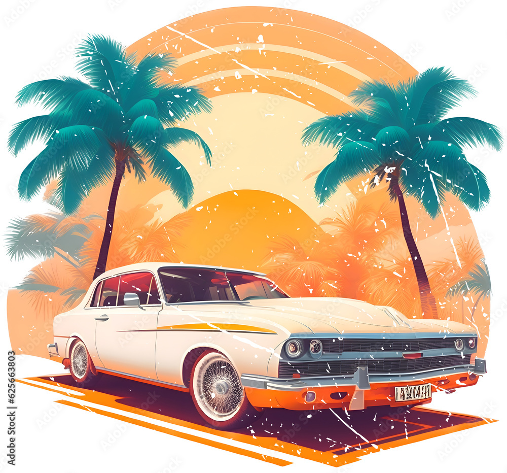 vintage car on the beach. Transparent background. AI Generate
