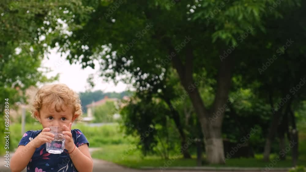 The child drinks water from a glass. Selective focus.