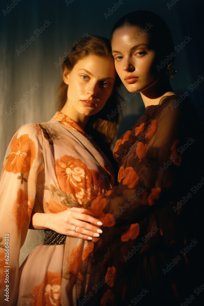female friends/models/lgbtq + couple in magazine editorial fashion/beauty photo shoot embracing/kissing film photography look - generative ai art