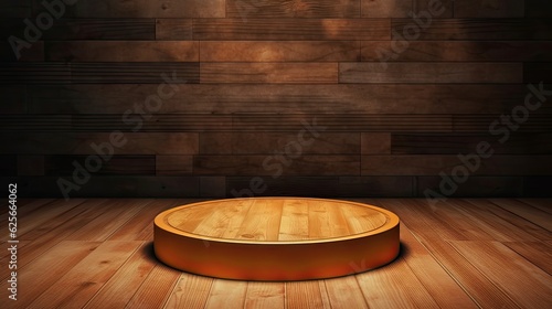 Wooden floor with a golden podium on wooden wall background