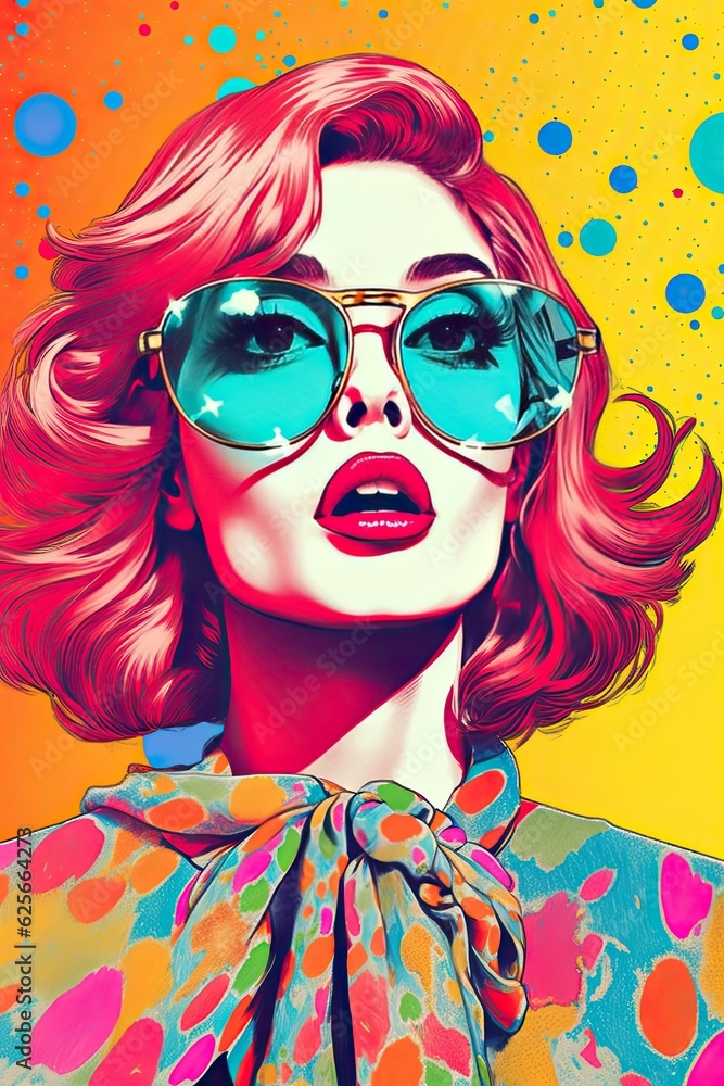 girls in sixties retro design, photo and graphics, colorful fictional character, AI based