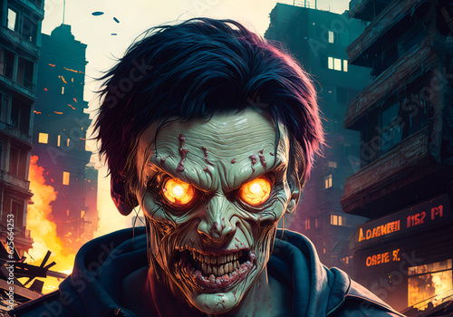 Scary zombie man on the background of the city, zombie Apocalypse. Halloween concept. Generative AI
