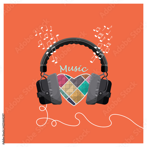 Patchwork style heart in studio headphones surrounded by notes on an orange background.Music poster, emblem, symbol. Vector illustration