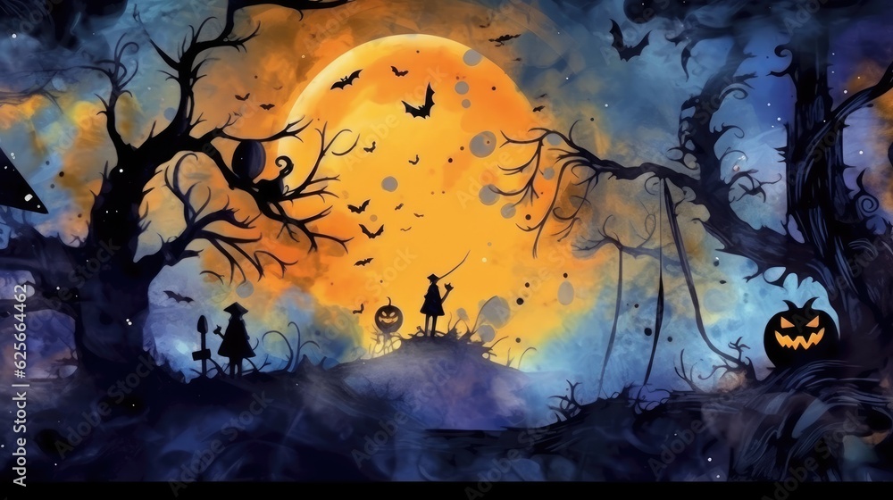 illustration of a black cat in the forest on a background of the moon, banner for halloween with space for content, generative ai