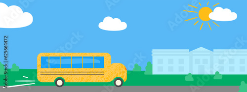Yellow school bus arriving to school. Abstract landscape. Flat cartoon vector illustration, elements are isolated