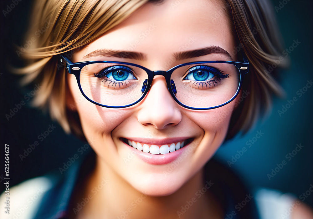 Portrait of a beautiful young woman wearing eyeglasses and smiling. Generative AI. Portrait of a beautiful young woman wearing eyeglasses and smiling. Generative AI.