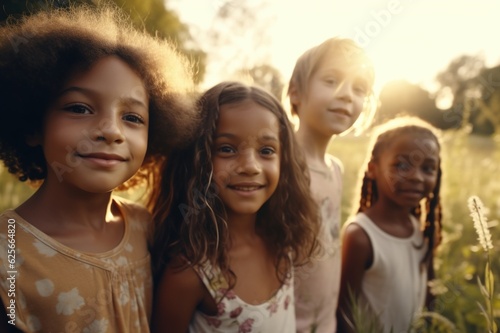 a group of children of different nationalities run on the grass against the backdrop of a park and greenery. generative ai