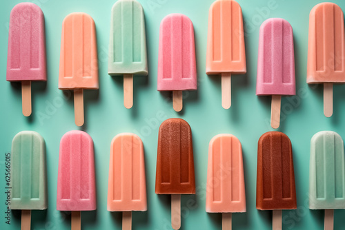 Three Popsicle on pastel background. Assortment of cold summer fruit popsicles isolated on a blue background. Generative AI.