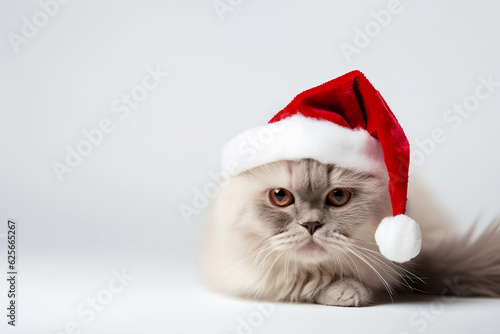 Cute fluffy cat in santa hat on white background. Merry Christmas concept. Generative AI