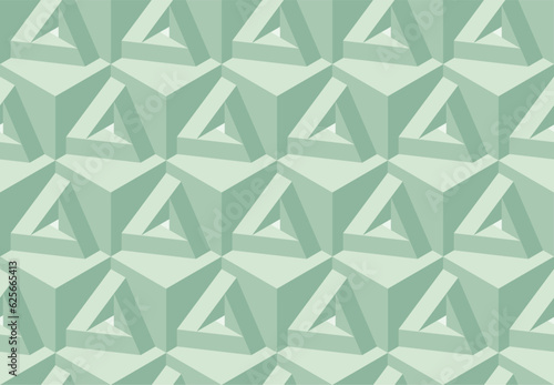 Green seamless vector 3D geometric pattern with cubes and optical illusions. Op Art. Modern pastel color template for wrapping, cards, fabric, packing. Endless background. Wallpapers. 3D Tile