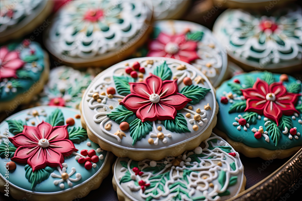 Christmas gingerbread cookies beautifully decorated with icing 