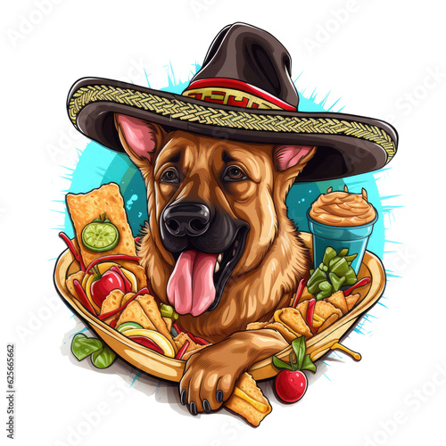 dog wearing sombrero with food, smiling clip art preview