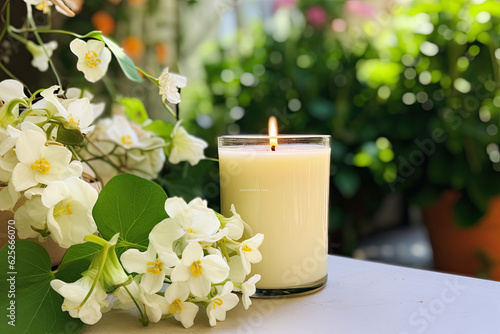 Flat lay of a summer-scented candle with flowers