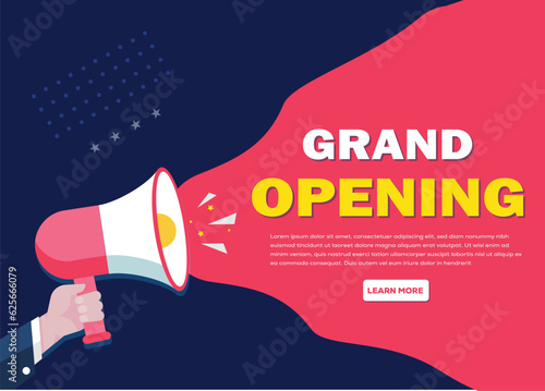 Hand-Holding Megaphone with Grand Opening! promotion banner advertising