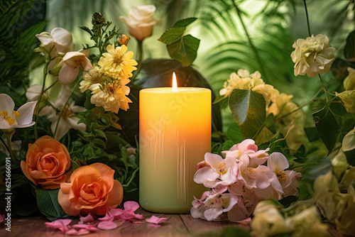 Flat lay of a summer-scented candle with flowers