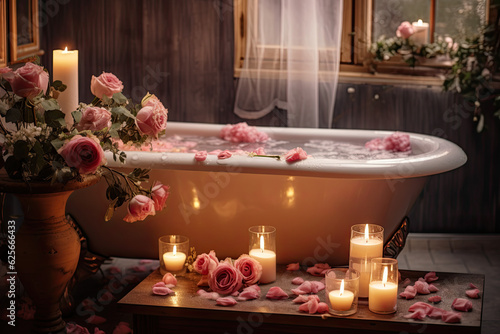 Cozy candles with flowers in the bathroom near the bath