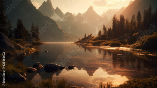 Photo Serene mountain lake during sunset, with the sun setting behind the jagged peaks, casting a warm orange glow over the landscape