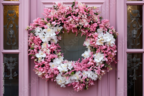 Autumn pink wreath on the front door