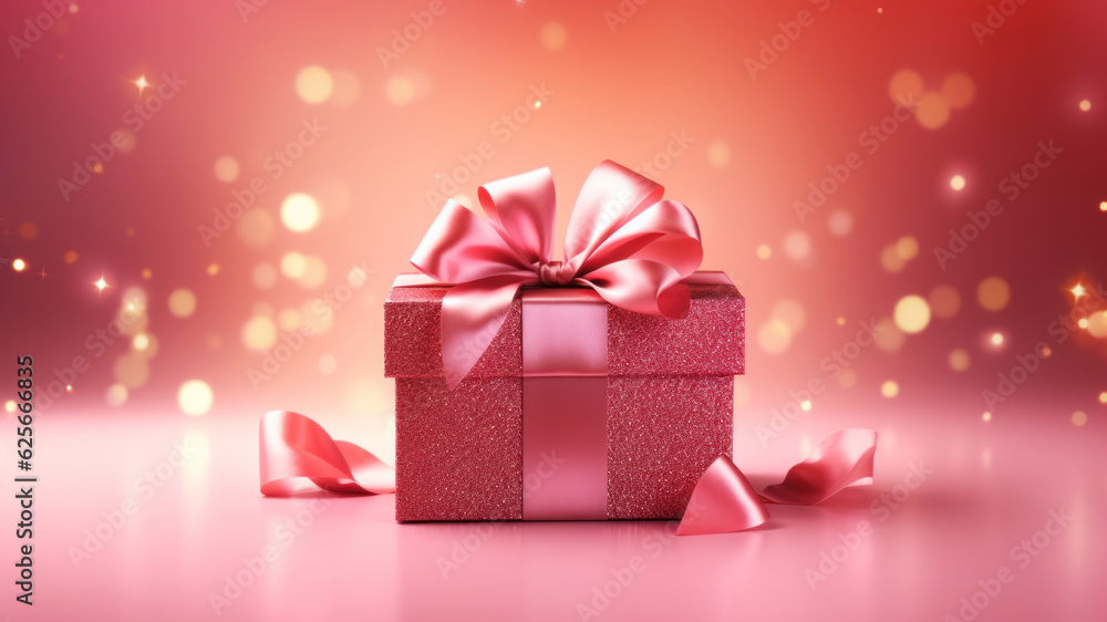 Pink gift box with pink ribbon and bow, beautiful and luxury gift, bokeh lights, blurry background Pink gift box with pink ribbon and bow, beautiful and luxury gift, bokeh lights, blurry background