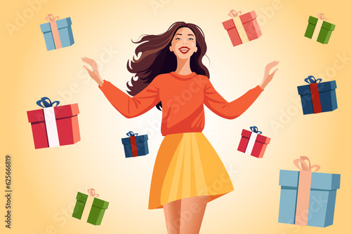 Vector illustration in a flat cartoon style, a young pretty woman in fashionable clothes catches falling gifts with her hands. Shopping concept, summer sale, seasonal discounts and promotions.
