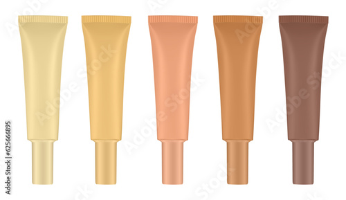 Set of nude beige tubes with long cap. 3d mockup. Shades of natural beige color. Concealer or foundation. Salve or ointment