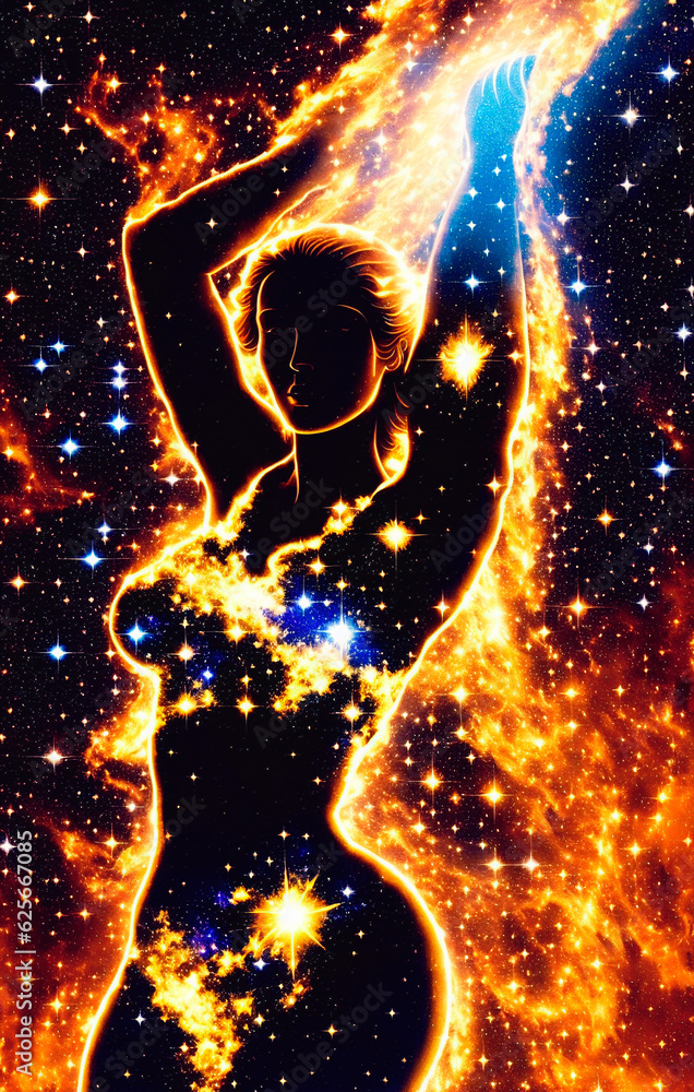 Fototapeta premium Woman silhouette in space with stars and nebula. The concept of God in the image of a female against the background of the universe. Generative AI.