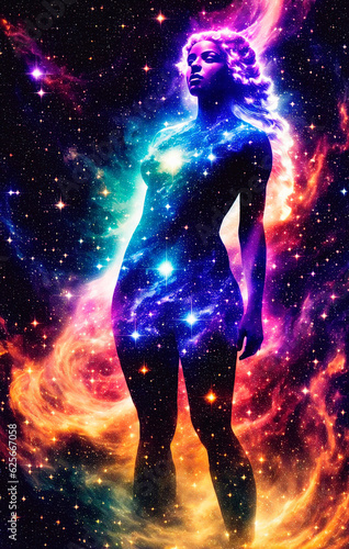 Woman silhouette in space with stars and nebula. The concept of God in the image of a female against the background of the universe. Generative AI.