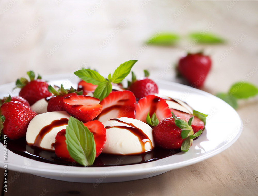 Delicious summer salad with strawberries and mozzarella. Strawberry caprese salad. Generative AI Delicious summer salad with strawberries and mozzarella. Strawberry caprese salad. Generative AI