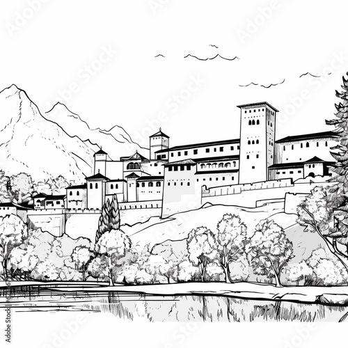 Alhambra hand-drawn comic illustration. Alhambra. Vector doodle style cartoon illustration