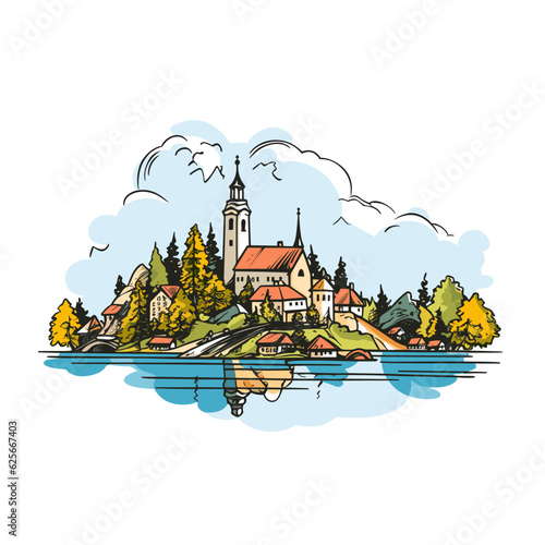 Lake Bled hand-drawn comic illustration. Lake Bled. Vector doodle style cartoon illustration