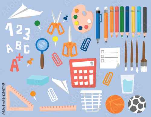 Big set of vector illustration on the theme of school, colored pencils, scissors, vector graphics, flat style of school subjects. Bright colors.