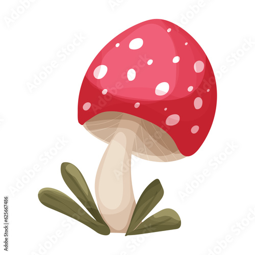 Fly agaric mushroom with red spotted cap, grass forest poisonous plant in cartoon style isolated on white background