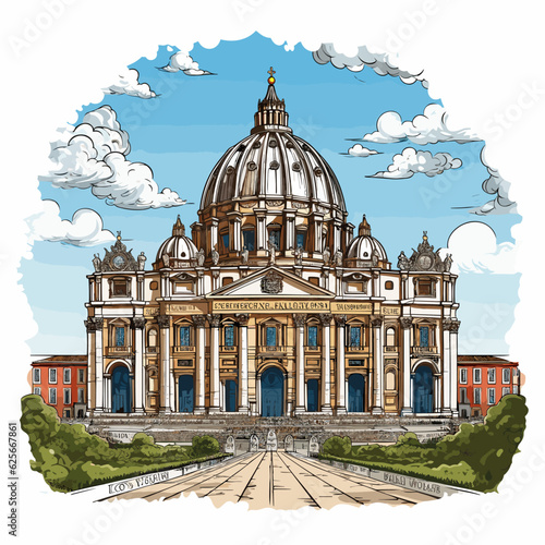 Basilica of Saint Peter hand-drawn comic illustration. Saint Peter's Basilica. Vector doodle style cartoon illustration