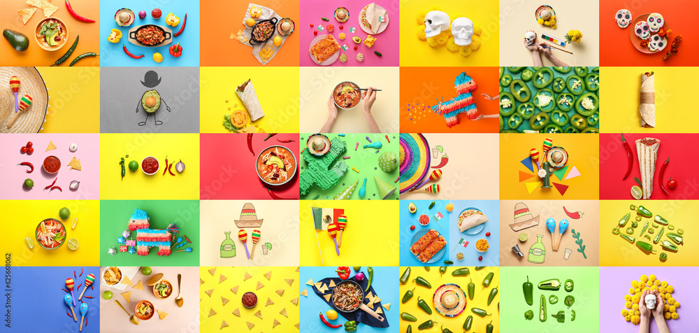 Collage of traditional Mexican food with party decor on color background, top view
