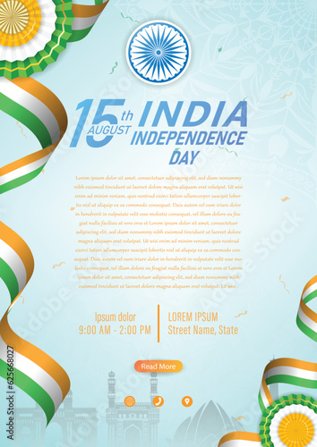 15 th August Indian Independence Day vector illustration background brochure template with Indian flag and silhouette of India monument.