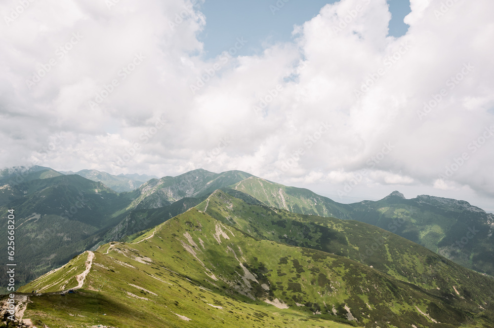 Panoramic view of Tatra Mountains seen from the top of Kasprowy wierch. Bounding Poland and Slovakia