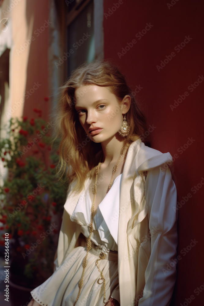 portrait of a woman/model/book character in an old city setting student/university/college in a fashion/beauty editorial magazine style film photography look - generative ai art portrait of a woman/model/book character in an old city setting student/university/college in a fashion/beauty editorial magazine style film photography look - generative ai art