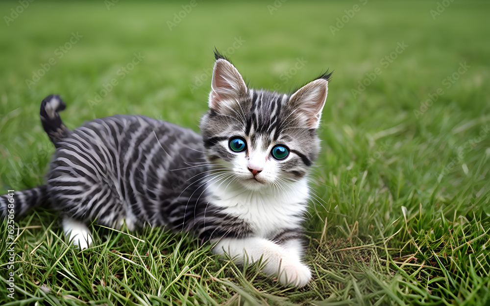 Cute cat on green grass with slight blurred background Cute cat on green grass with slight blurred background