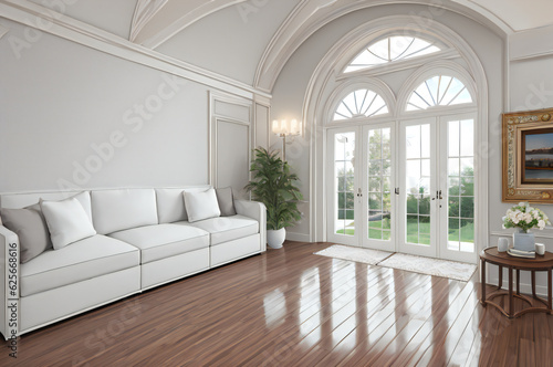 Luxury Living: Elegance and Wealth in Home Showcase Interior. Elegant home interior with luxury furniture and large window created with Generative AI technology © home 3d