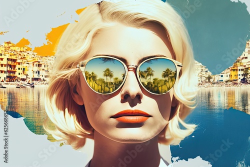 travel concept, colorful retro style graphics, summer vacational journey, ai generated