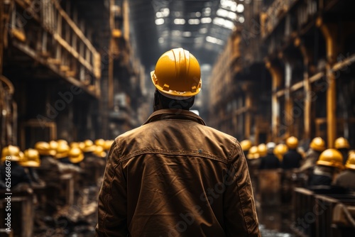 A worker wearing a yellow hard hat and looking into the factory, Generative AI
