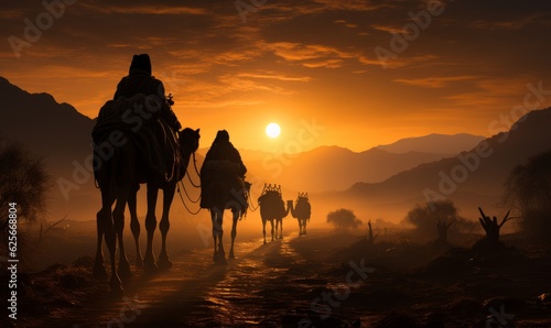 Cameleers with riding camels at sunset, Generative AI