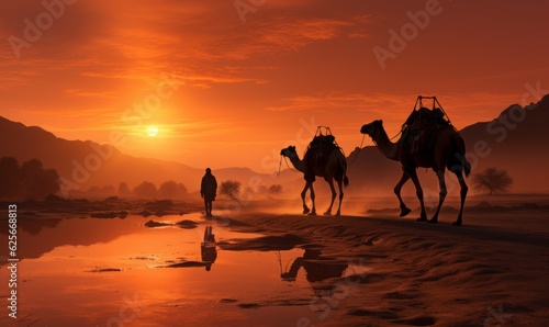 A camel driver with two camels in the dunes of Thar desert, Generative AI